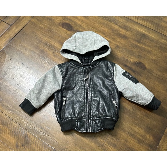 Urban Republic Other - Urban Republic Toddler Boys Faux Leather Hooded Bomber Jacket Black Gray 18M